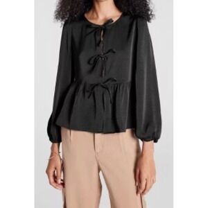 A New Day Black Satin‎ Ribbon Detail Peplum Blouse Long Sleeve Size 2X